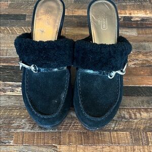 Coach Black Suede Mules with Shearling Trim
